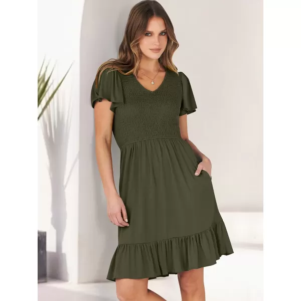 imageANRABESS Womens Summer Casual Flowy Smocked V Neck Flutter Sleeve Beach Mini Dress with PocketsArmy Green