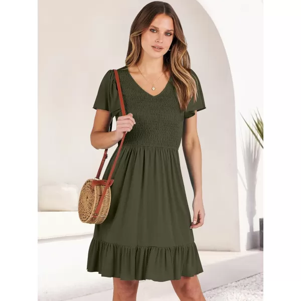 imageANRABESS Womens Summer Casual Flowy Smocked V Neck Flutter Sleeve Beach Mini Dress with PocketsArmy Green