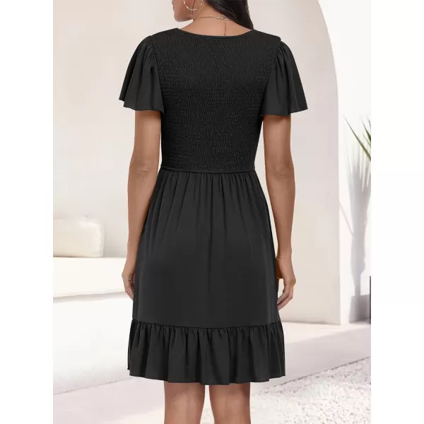 imageANRABESS Womens Summer Casual Flowy Smocked V Neck Flutter Sleeve Beach Mini Dress with PocketsBlack