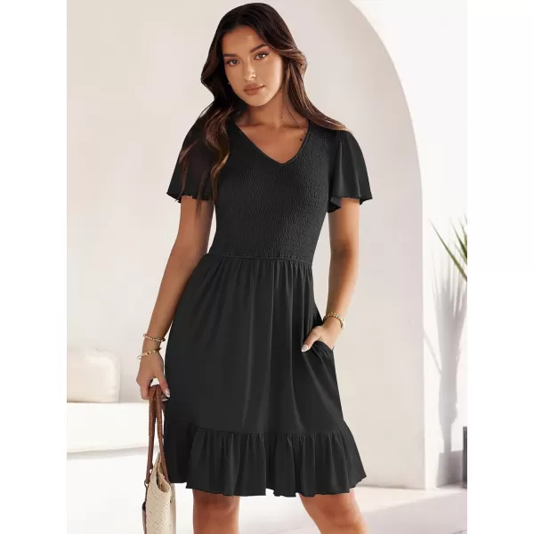 imageANRABESS Womens Summer Casual Flowy Smocked V Neck Flutter Sleeve Beach Mini Dress with PocketsBlack