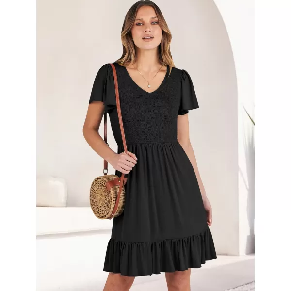 imageANRABESS Womens Summer Casual Flowy Smocked V Neck Flutter Sleeve Beach Mini Dress with PocketsBlack