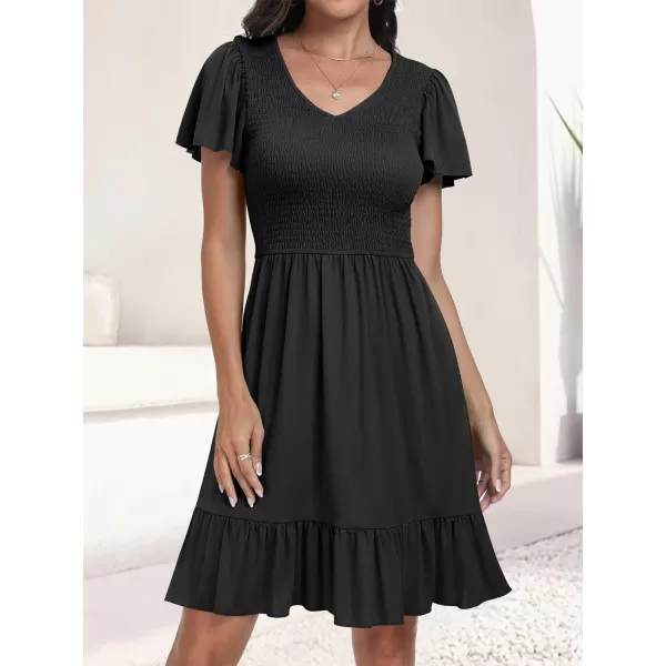 imageANRABESS Womens Summer Casual Flowy Smocked V Neck Flutter Sleeve Beach Mini Dress with PocketsBlack