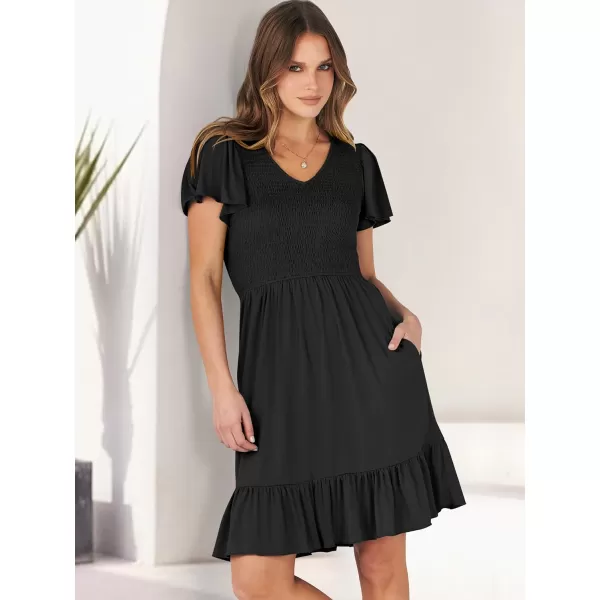 imageANRABESS Womens Summer Casual Flowy Smocked V Neck Flutter Sleeve Beach Mini Dress with PocketsBlack