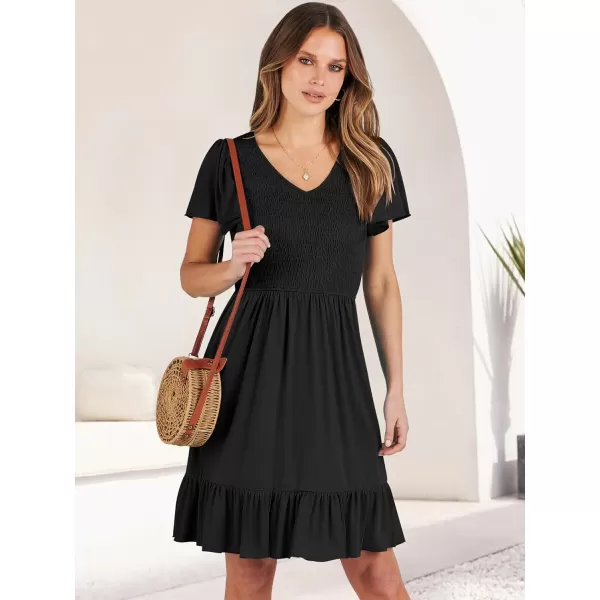 imageANRABESS Womens Summer Casual Flowy Smocked V Neck Flutter Sleeve Beach Mini Dress with PocketsBlack