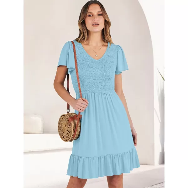 imageANRABESS Womens Summer Casual Flowy Smocked V Neck Flutter Sleeve Beach Mini Dress with PocketsCyan