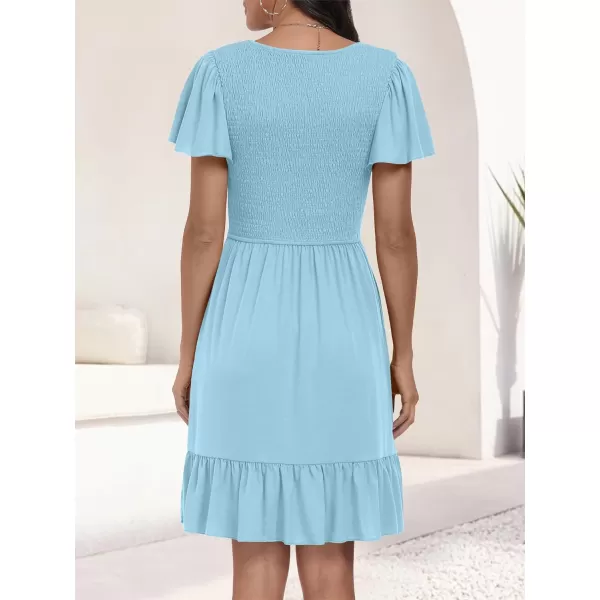 imageANRABESS Womens Summer Casual Flowy Smocked V Neck Flutter Sleeve Beach Mini Dress with PocketsCyan