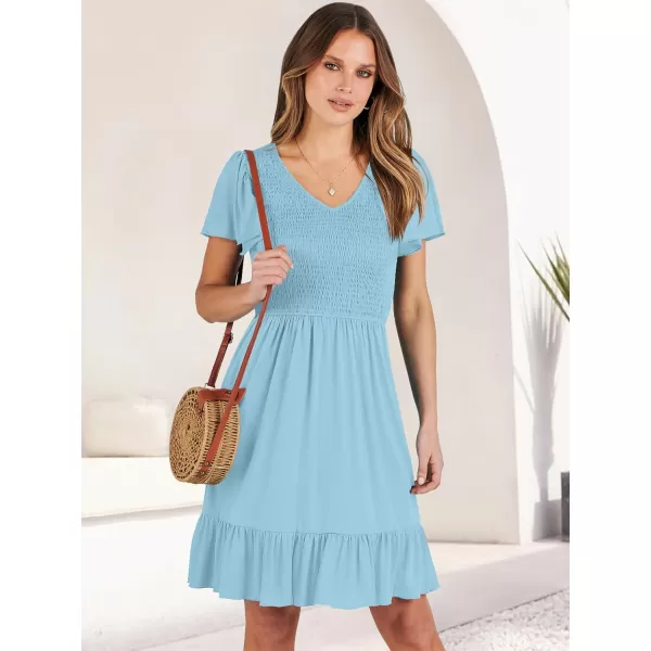 imageANRABESS Womens Summer Casual Flowy Smocked V Neck Flutter Sleeve Beach Mini Dress with PocketsCyan
