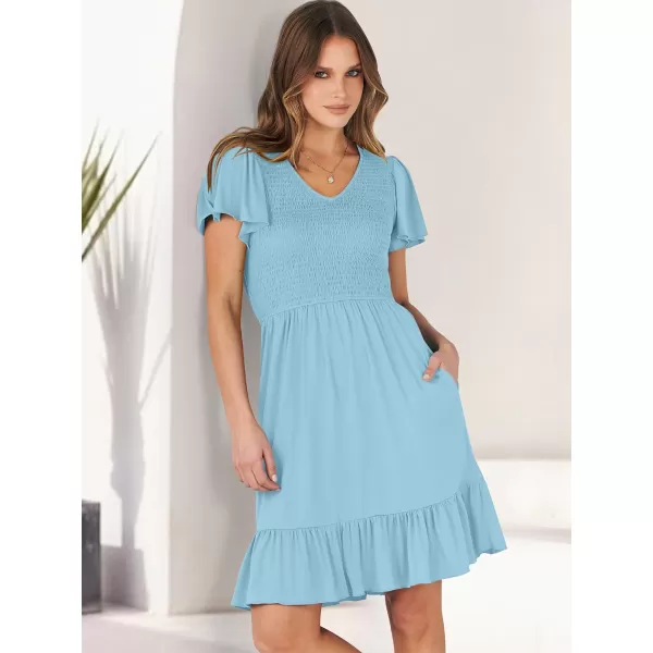 imageANRABESS Womens Summer Casual Flowy Smocked V Neck Flutter Sleeve Beach Mini Dress with PocketsCyan