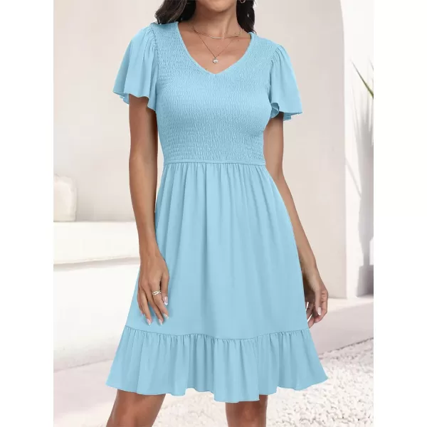 imageANRABESS Womens Summer Casual Flowy Smocked V Neck Flutter Sleeve Beach Mini Dress with PocketsCyan