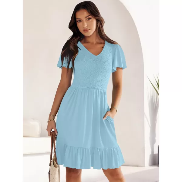 imageANRABESS Womens Summer Casual Flowy Smocked V Neck Flutter Sleeve Beach Mini Dress with PocketsCyan