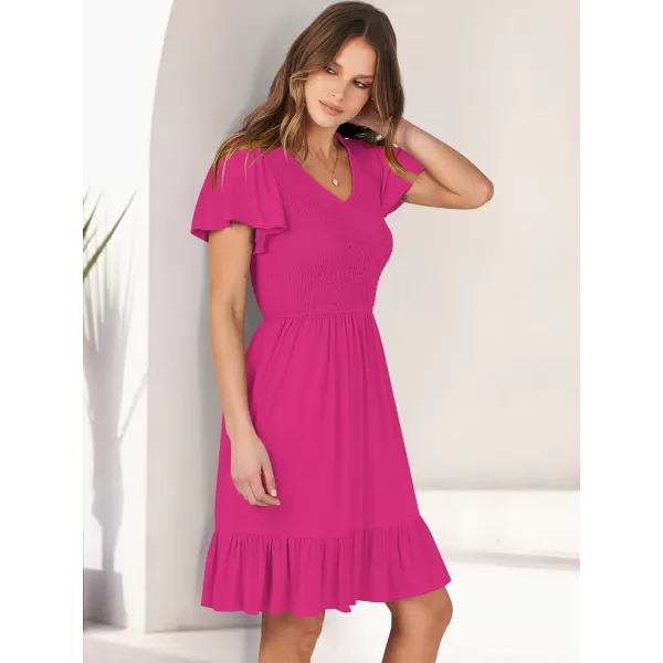 imageANRABESS Womens Summer Casual Flowy Smocked V Neck Flutter Sleeve Beach Mini Dress with PocketsHot Pink