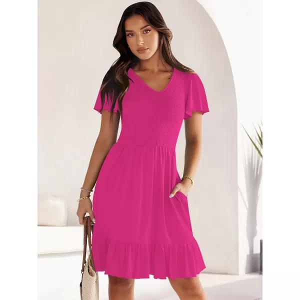 imageANRABESS Womens Summer Casual Flowy Smocked V Neck Flutter Sleeve Beach Mini Dress with PocketsHot Pink