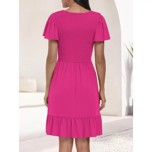imageANRABESS Womens Summer Casual Flowy Smocked V Neck Flutter Sleeve Beach Mini Dress with PocketsHot Pink