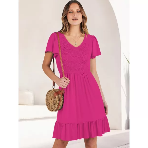 imageANRABESS Womens Summer Casual Flowy Smocked V Neck Flutter Sleeve Beach Mini Dress with PocketsHot Pink