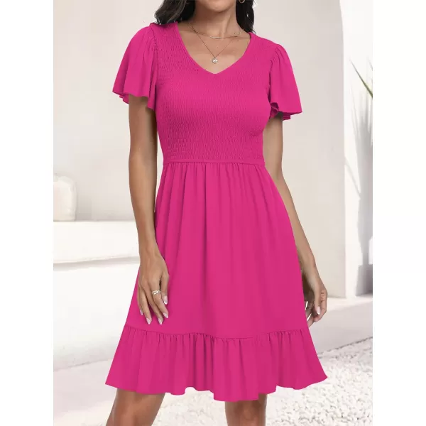 imageANRABESS Womens Summer Casual Flowy Smocked V Neck Flutter Sleeve Beach Mini Dress with PocketsHot Pink