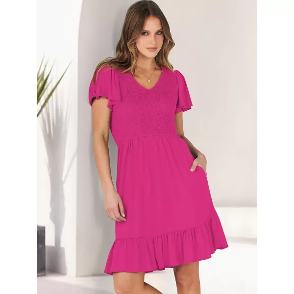imageANRABESS Womens Summer Casual Flowy Smocked V Neck Flutter Sleeve Beach Mini Dress with PocketsHot Pink
