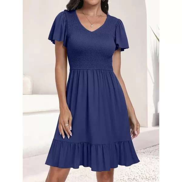 imageANRABESS Womens Summer Casual Flowy Smocked V Neck Flutter Sleeve Beach Mini Dress with PocketsNavy Blue