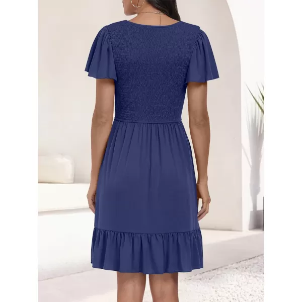 imageANRABESS Womens Summer Casual Flowy Smocked V Neck Flutter Sleeve Beach Mini Dress with PocketsNavy Blue