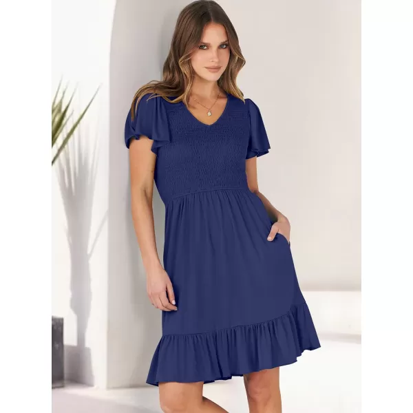 imageANRABESS Womens Summer Casual Flowy Smocked V Neck Flutter Sleeve Beach Mini Dress with PocketsNavy Blue