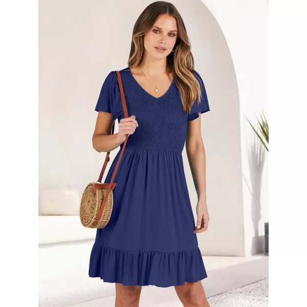 imageANRABESS Womens Summer Casual Flowy Smocked V Neck Flutter Sleeve Beach Mini Dress with PocketsNavy Blue