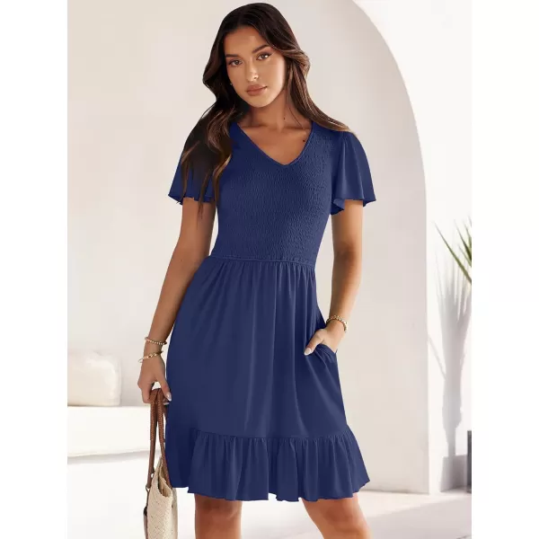 imageANRABESS Womens Summer Casual Flowy Smocked V Neck Flutter Sleeve Beach Mini Dress with PocketsNavy Blue