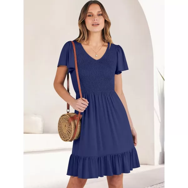imageANRABESS Womens Summer Casual Flowy Smocked V Neck Flutter Sleeve Beach Mini Dress with PocketsNavy Blue