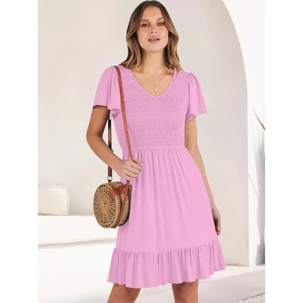 imageANRABESS Womens Summer Casual Flowy Smocked V Neck Flutter Sleeve Beach Mini Dress with PocketsPink