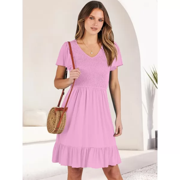 imageANRABESS Womens Summer Casual Flowy Smocked V Neck Flutter Sleeve Beach Mini Dress with PocketsPink