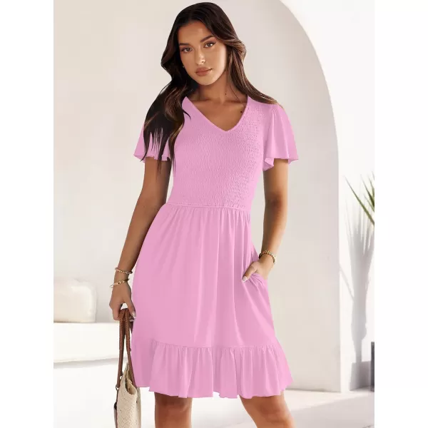 imageANRABESS Womens Summer Casual Flowy Smocked V Neck Flutter Sleeve Beach Mini Dress with PocketsPink