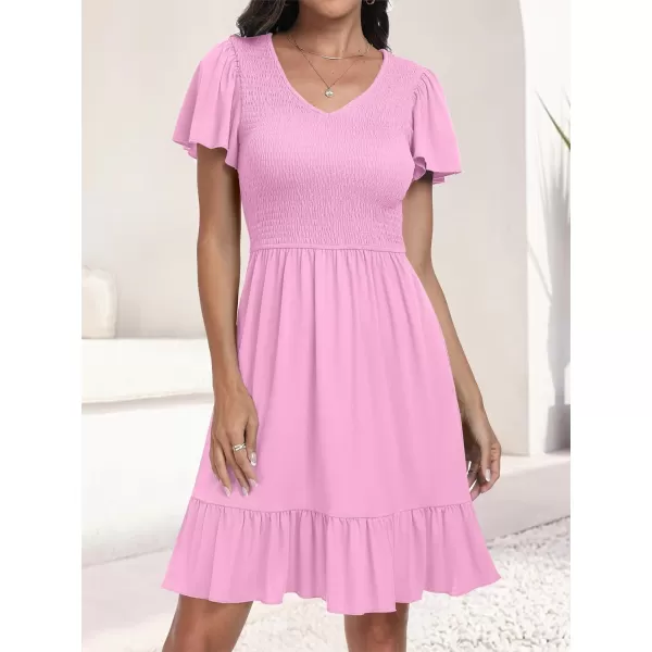 imageANRABESS Womens Summer Casual Flowy Smocked V Neck Flutter Sleeve Beach Mini Dress with PocketsPink