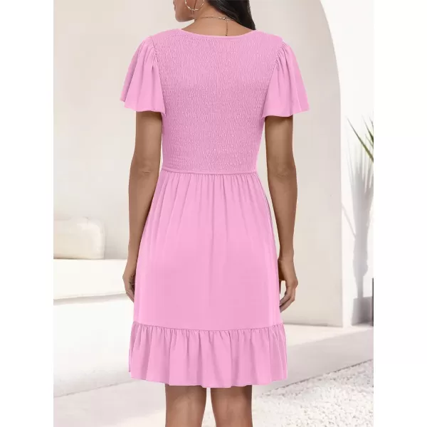 imageANRABESS Womens Summer Casual Flowy Smocked V Neck Flutter Sleeve Beach Mini Dress with PocketsPink