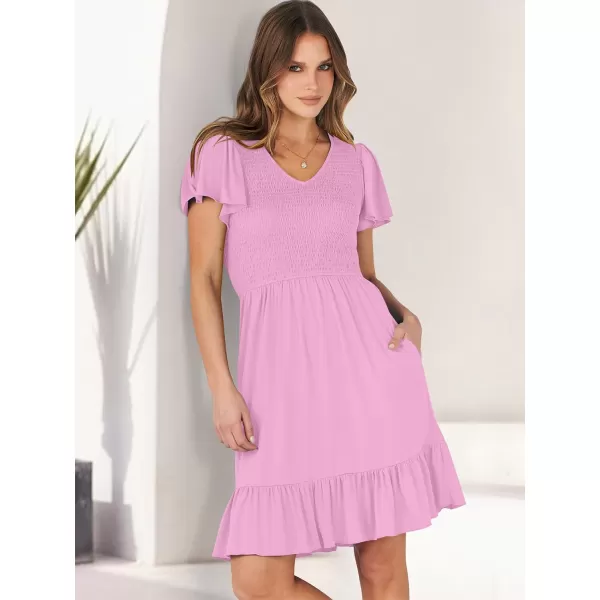 imageANRABESS Womens Summer Casual Flowy Smocked V Neck Flutter Sleeve Beach Mini Dress with PocketsPink