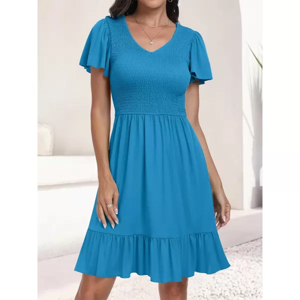 imageANRABESS Womens Summer Casual Flowy Smocked V Neck Flutter Sleeve Beach Mini Dress with PocketsSky Blue
