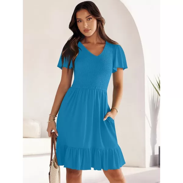 imageANRABESS Womens Summer Casual Flowy Smocked V Neck Flutter Sleeve Beach Mini Dress with PocketsSky Blue