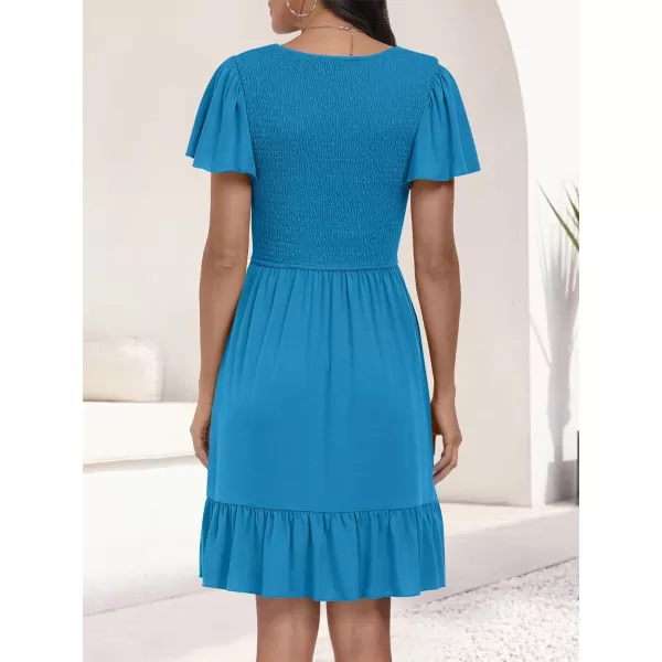 imageANRABESS Womens Summer Casual Flowy Smocked V Neck Flutter Sleeve Beach Mini Dress with PocketsSky Blue