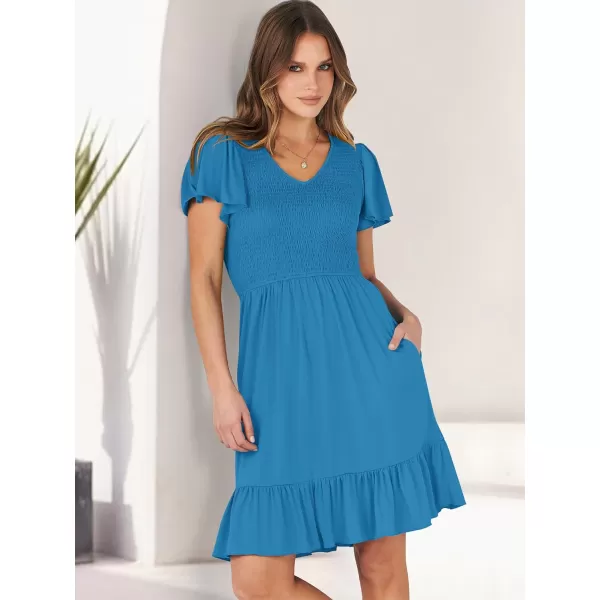 imageANRABESS Womens Summer Casual Flowy Smocked V Neck Flutter Sleeve Beach Mini Dress with PocketsSky Blue