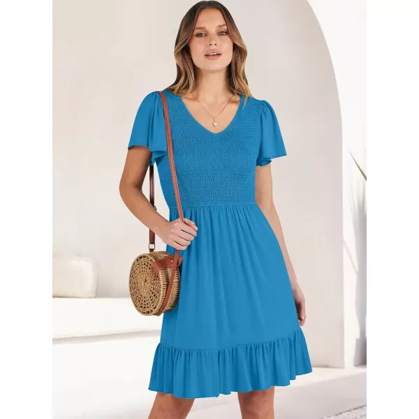 imageANRABESS Womens Summer Casual Flowy Smocked V Neck Flutter Sleeve Beach Mini Dress with PocketsSky Blue