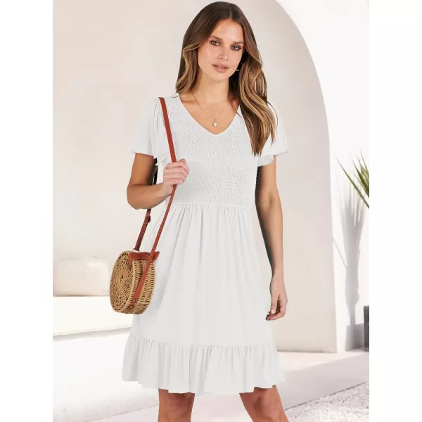 imageANRABESS Womens Summer Casual Flowy Smocked V Neck Flutter Sleeve Beach Mini Dress with PocketsWhite