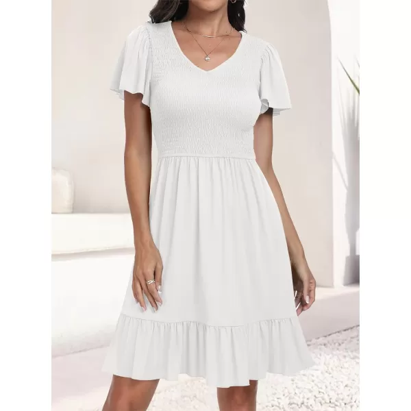 imageANRABESS Womens Summer Casual Flowy Smocked V Neck Flutter Sleeve Beach Mini Dress with PocketsWhite