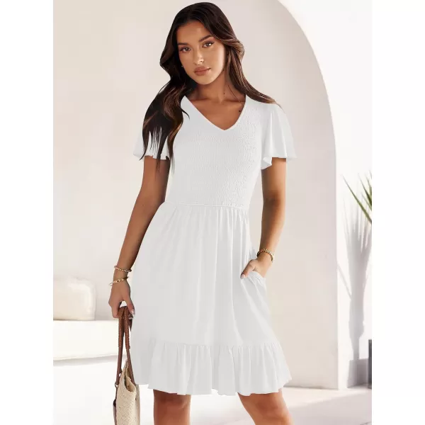imageANRABESS Womens Summer Casual Flowy Smocked V Neck Flutter Sleeve Beach Mini Dress with PocketsWhite