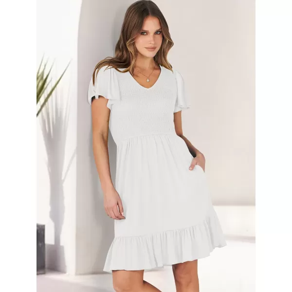 imageANRABESS Womens Summer Casual Flowy Smocked V Neck Flutter Sleeve Beach Mini Dress with PocketsWhite