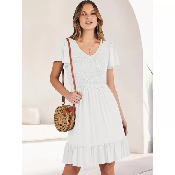 imageANRABESS Womens Summer Casual Flowy Smocked V Neck Flutter Sleeve Beach Mini Dress with PocketsWhite