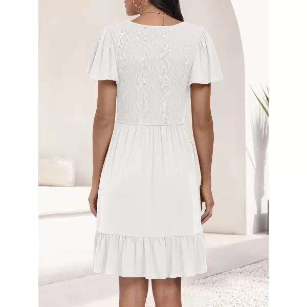 imageANRABESS Womens Summer Casual Flowy Smocked V Neck Flutter Sleeve Beach Mini Dress with PocketsWhite