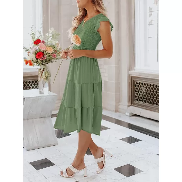 imageANRABESS Womens Summer Casual Flutter Short Sleeve V Neck Smocked ALine Tiered Midi Beach DressArmy Green