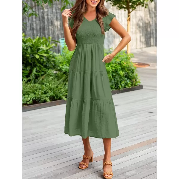 imageANRABESS Womens Summer Casual Flutter Short Sleeve V Neck Smocked ALine Tiered Midi Beach DressArmy Green