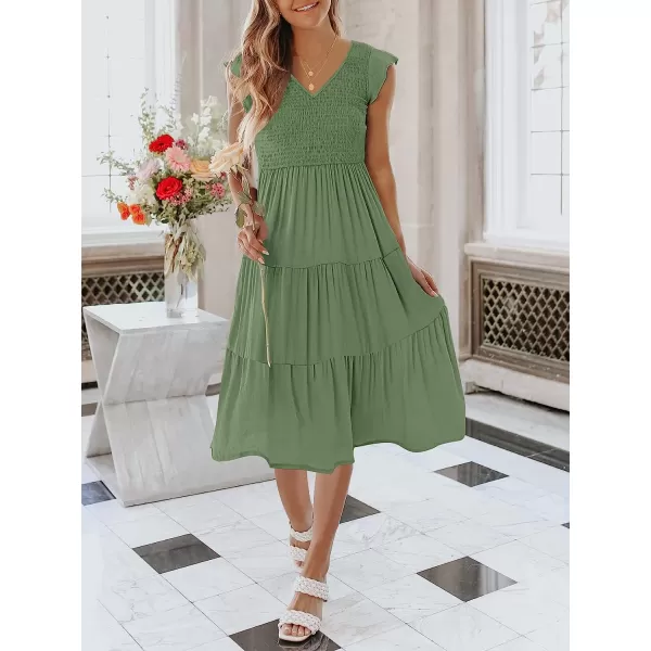imageANRABESS Womens Summer Casual Flutter Short Sleeve V Neck Smocked ALine Tiered Midi Beach DressArmy Green