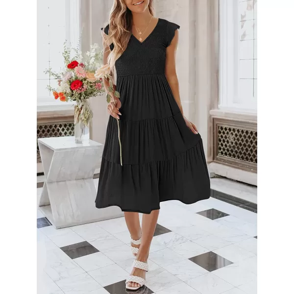 imageANRABESS Womens Summer Casual Flutter Short Sleeve V Neck Smocked ALine Tiered Midi Beach DressBlack