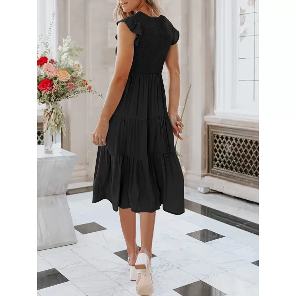 imageANRABESS Womens Summer Casual Flutter Short Sleeve V Neck Smocked ALine Tiered Midi Beach DressBlack
