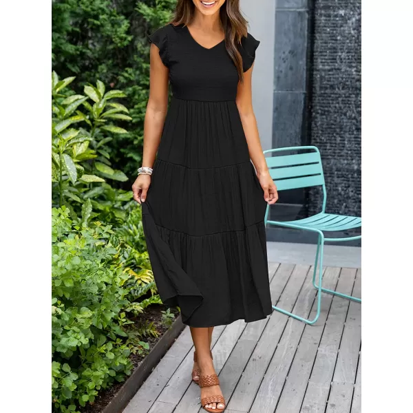 imageANRABESS Womens Summer Casual Flutter Short Sleeve V Neck Smocked ALine Tiered Midi Beach DressBlack