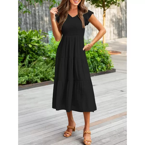 imageANRABESS Womens Summer Casual Flutter Short Sleeve V Neck Smocked ALine Tiered Midi Beach DressBlack